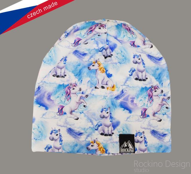 Dívčí podzimní/jarní čepice bílá/modrá jednorožec 5552 Rockino