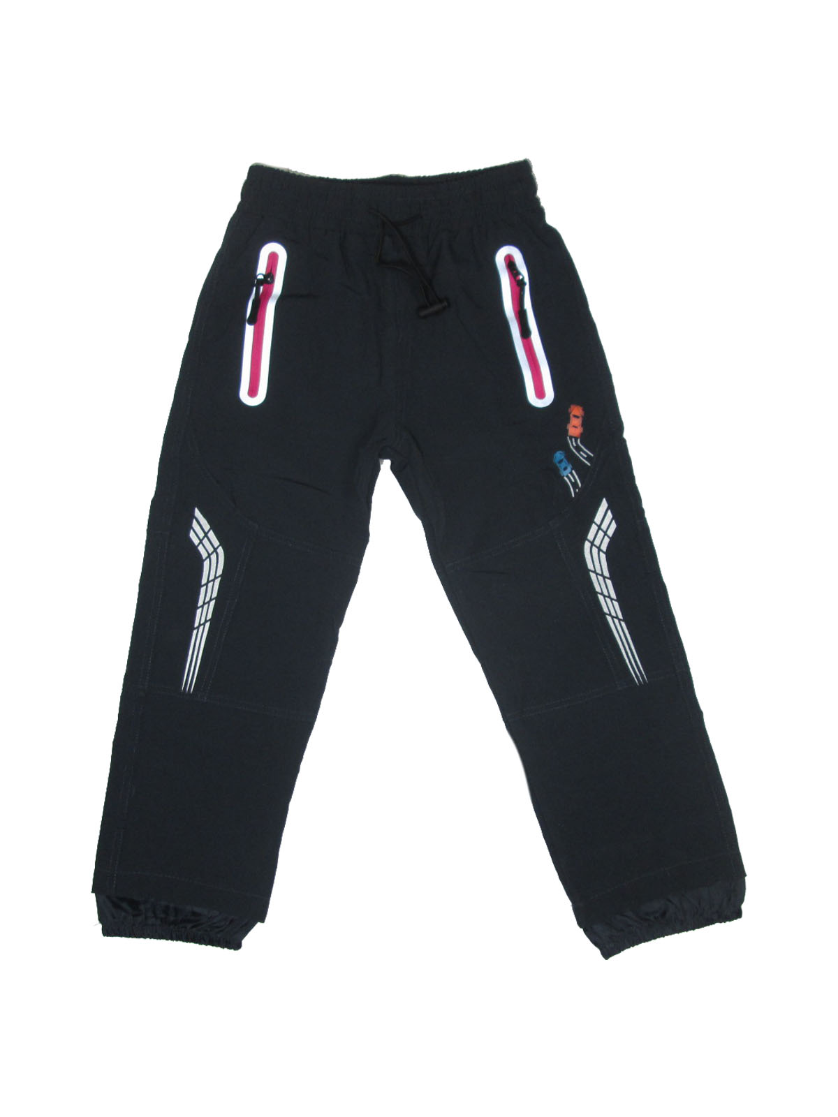 vel.104-Dětské softshellové kalhoty KUGO - bez  fleesu - tm.modrá (růžové zipy)