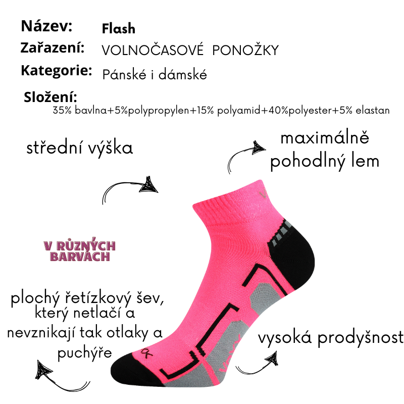 Dámské -  sportovní ponožky - střední výška Flash - Boma Fuski - neon růžová