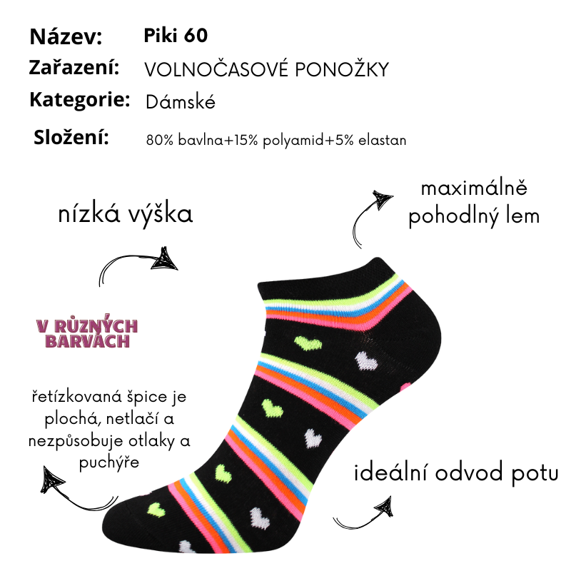 Dámské kotníčkové ponožky Voxx-  Piki - srdíčka - černá barva