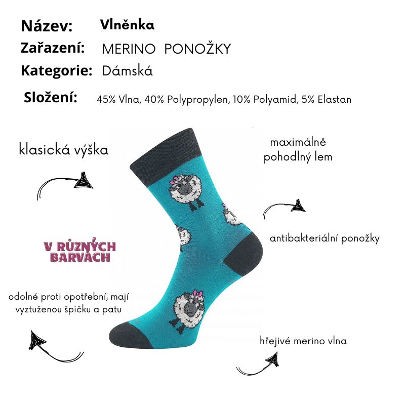 Dámské vlněné merino ponožky ovečka tyrkys Vlněnka Fuski Boma Voxx