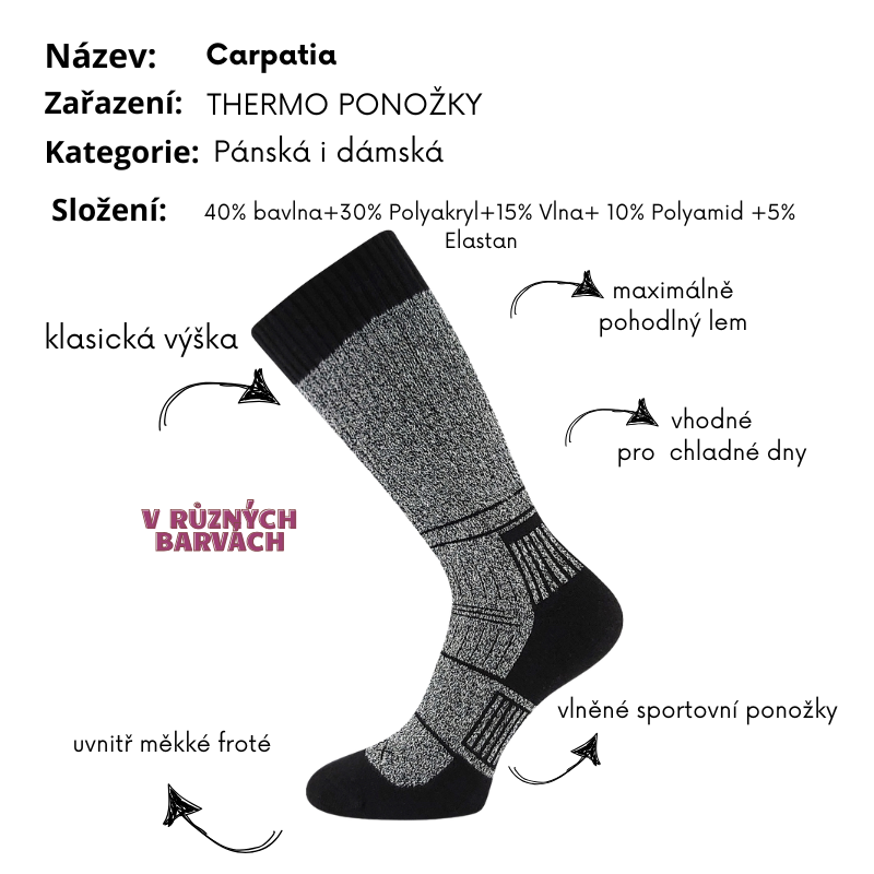 Silné ponožky Carpatia černé melé Fuski Boma Voxx