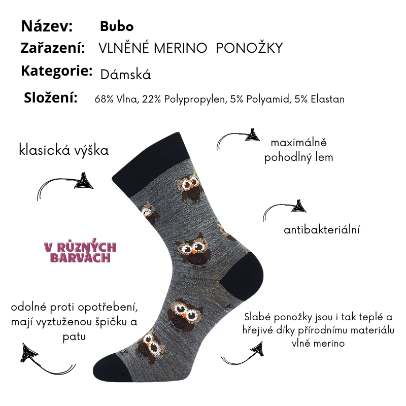 Dámské vlněné merino ponožky šedá BUBO Voxx
