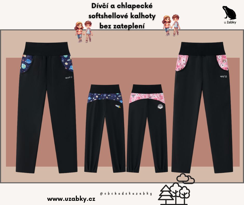 Dívčí softshellové kalhoty nezateplené černé zvířátka Wolf B2585