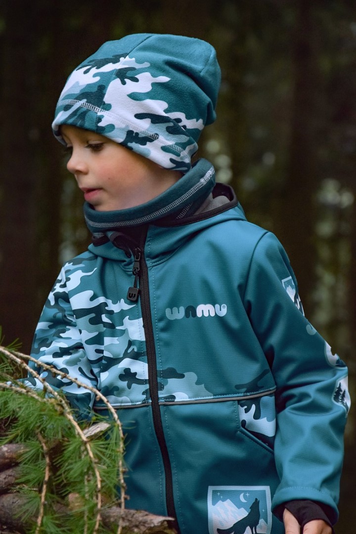 Dětská softshellová bunda maskáčová petrolej Wamu