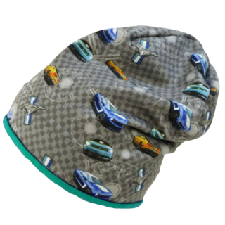 Chlapecká přechodová podzimní/jarní/zimní čepice Rockino - šedá auta,zelený lem