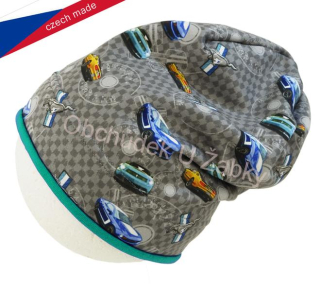 Chlapecká přechodová podzimní/jarní/zimní čepice Rockino - šedá auta,zelený lem