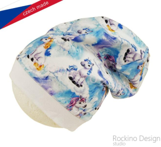 Dívčí podzimní/jarní čepice bílá/modrá jednorožec 5552 Rockino