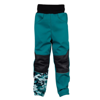 Dětské softshellové kalhoty zateplené maskáč petrolejové WAMU