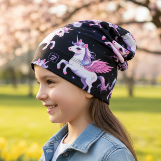 Dívčí fleesová ČEPICE černá s jednorožci Yetti Dráče